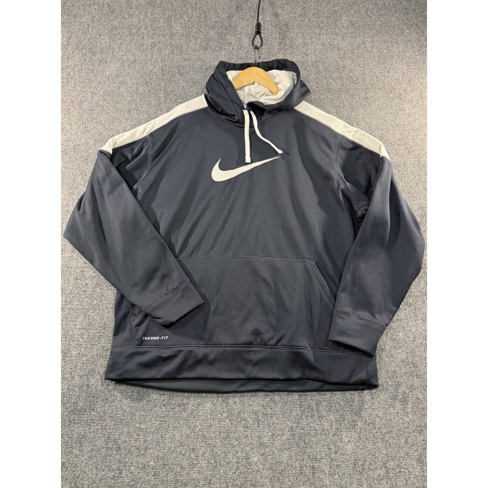 Nike Mens XXL Therma Fit Hoodie Fleece Center Swoosh Black Sweatshirt Jacket 2X